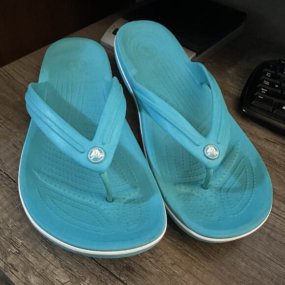 Crocs CROCBAND FLIP Flops Mens Size 12 Teal Blue Thong Sandals Open Toe Shoes - Picture 10 of 10